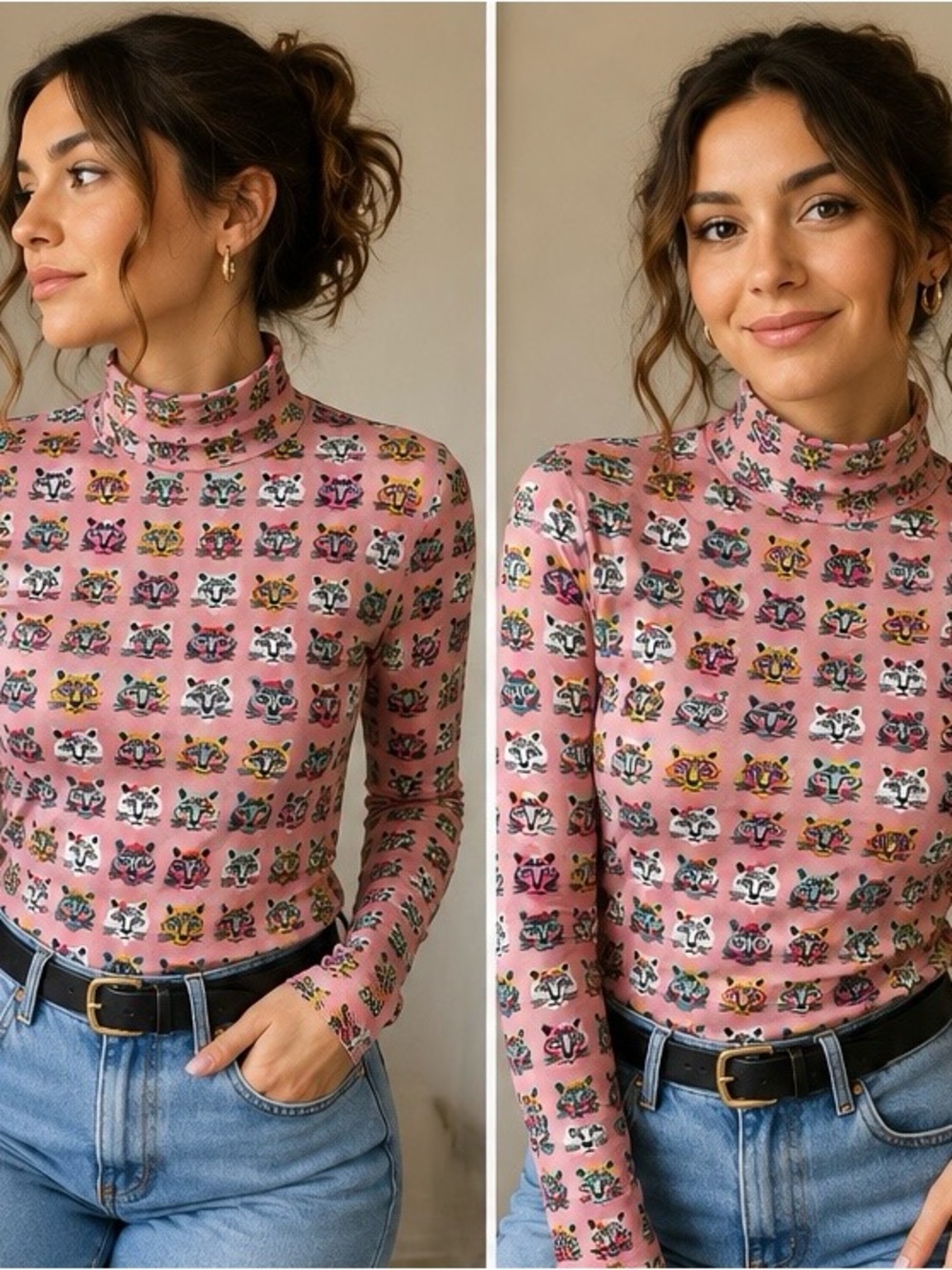 Get Crooked Pink Leopard Pink Turtleneck l Women’s XL l Colorful Animal Print